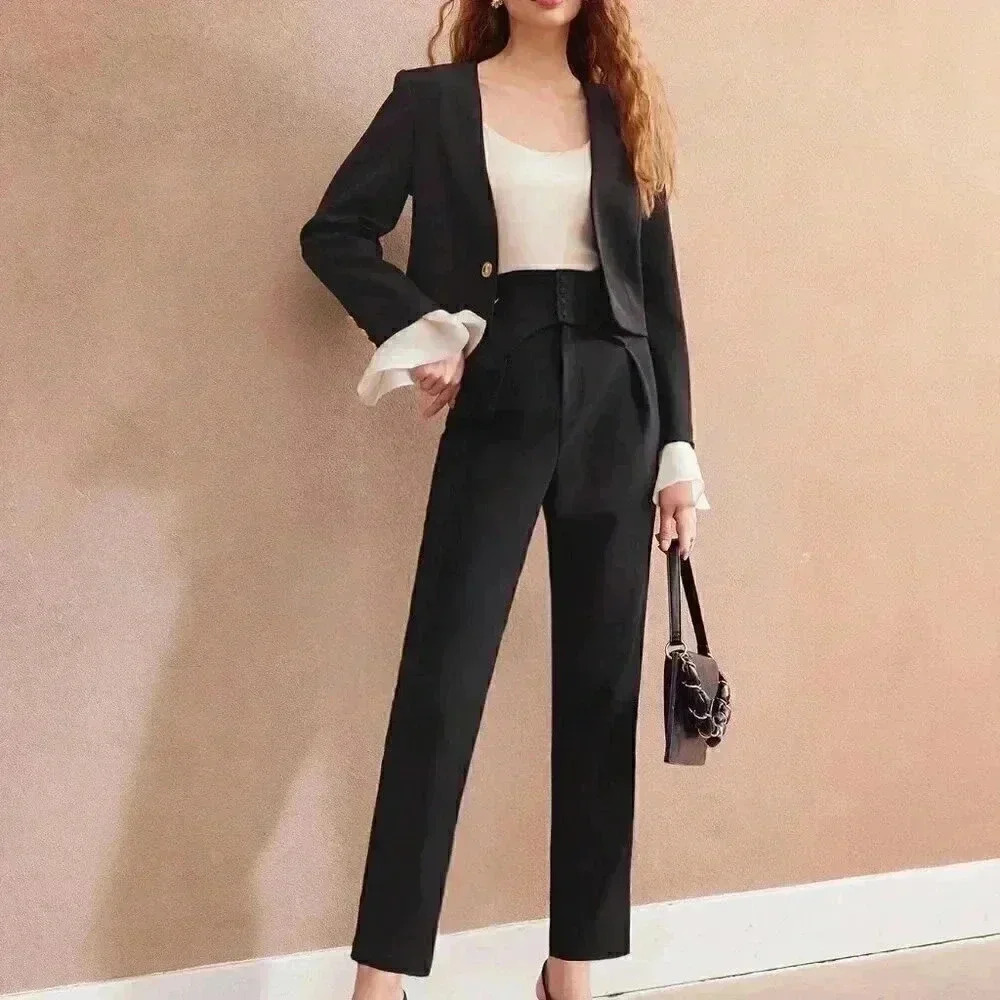 Black and White Elegant Women's Woven Contrast Ruffle Cuff Jacket